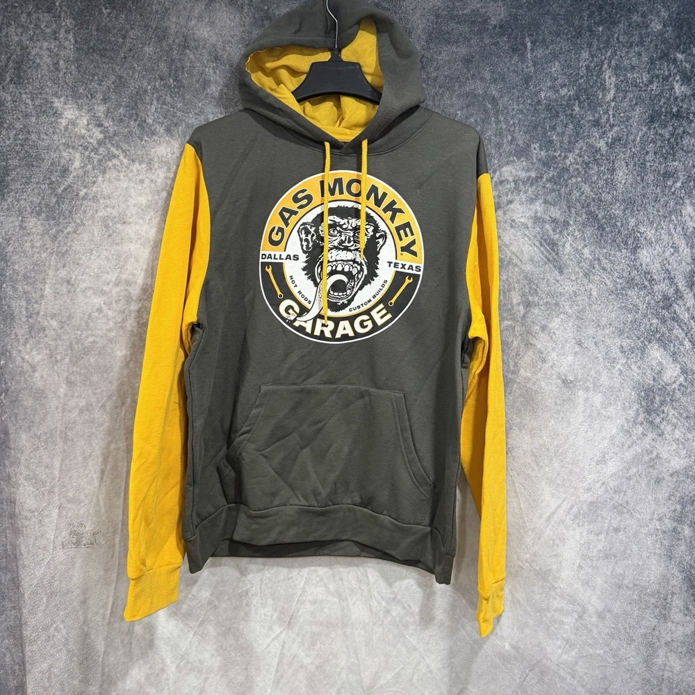 Gas Monkey Garage Men’s LARGE Hoodie Dallas Texas Hot Rods Gray Yellow Pullover